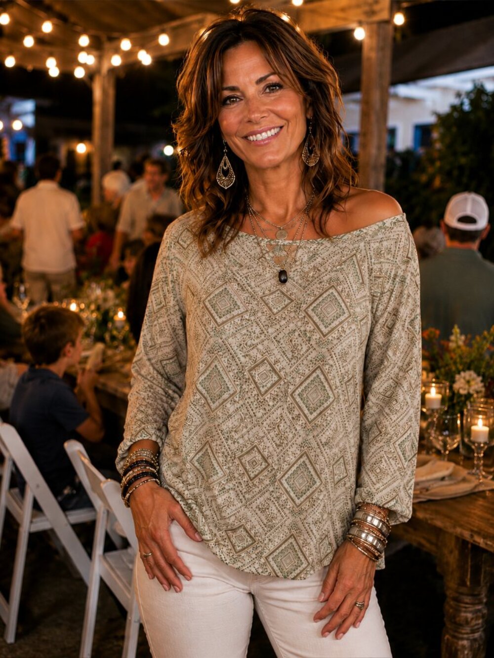 Vocal Cream and Green Geometric V-Neck Blouse